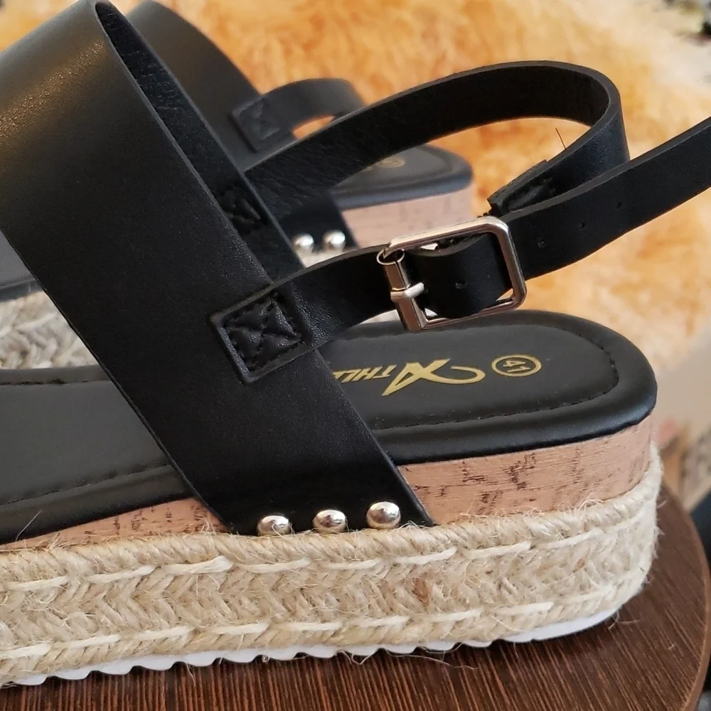 Athlefit Espadrilles Platform Wedge Open Toe Black Sandals Size 11